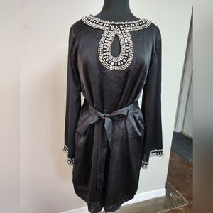 MISA Los Angeles Black Embellished Silk Dress | Crystal Neckline | NWT Large